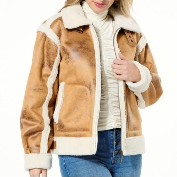 G By Giuliana Black Label Faux Shearling Aviator Jacket Womens Large Brown - Picture 1 of 10